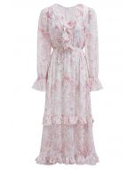 Spring Delight - Robe mi-longue en mousseline bordée de volants en rose