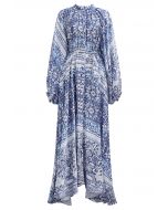 Robe longue asymétrique boutonnée à plis complets et imprimés de carreaux bleus