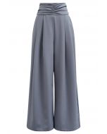 Pantalon large plissé taille haute froncé en bleu poussiéreux