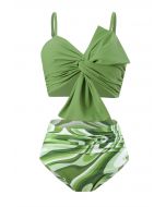 Ensemble de bikini froncé avec nœud sur le devant et imprimé vert