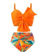 Ensemble de bikini froncé avec nœud sur le devant, imprimé orange