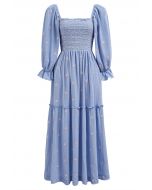 Robe mi-longue à col carré brodée Floret en bleu