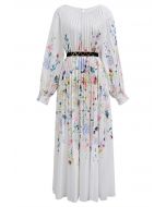 Blossoming Day - Robe longue plissée aquarelle en blanc