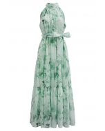 Robe longue florale à col licou et nouée à la taille, couleur menthe