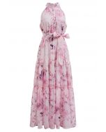 Robe longue florale à col licou et nouée à la taille en rose