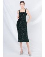 Robe caraco en velours fendue à paillettes scintillantes en vert foncé