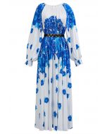 Blossoming Day - Robe longue plissée aquarelle en bleu