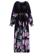 Blossoming Day - Robe longue plissée aquarelle en noir