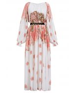 Blossoming Day - Robe longue plissée aquarelle en corail