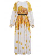 Blossoming Day - Robe longue plissée aquarelle en jaune