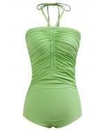 Maillot de bain dos nu avec cordon de serrage de couleur unie en vert