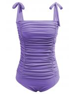 Maillot de bain froncé à épaules nouées, violet