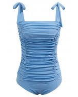 Maillot de bain froncé à épaules nouées, bleu poussiéreux