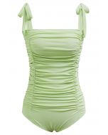 Maillot de bain froncé à épaules nouées, couleur pistache