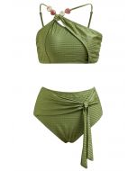 Ensemble de bikini avec nœud papillon et bretelles asymétriques en perles de résine en vert armée