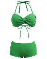 Ensemble de bikini dos nu froncé sur les côtés avec détail torsadé en vert