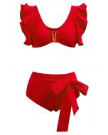 Ensemble de bikini à volants et bordures en métal en forme de V en rouge