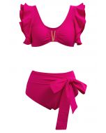 Ensemble de bikini à volants et bordure en métal en forme de V en rose vif