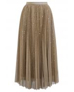 Jupe mi-longue en tulle et tulle à bordures en sequins Glister, beige