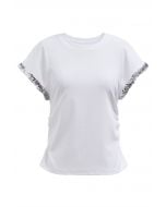 T-shirt froncé sur les côtés à revers et sequins, blanc