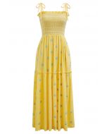 Robe froncée à épaules nouées et broderie Floret en jaune