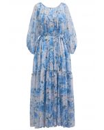 Robe Dolly Gauzy à imprimé floral et manches bulles en bleu