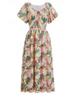 Robe mi-longue à manches bouffantes et imprimé feuilles de jardin roses