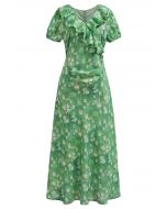 Robe longue à volants et imprimé marguerite en vert