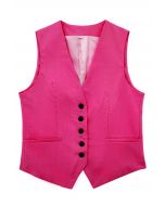 Gilet boutonné en mélange de lin à col en V en rose vif