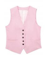 Gilet boutonné en mélange de lin à col en V en rose