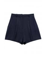 Short plissé en lin mélangé avec poche latérale, bleu marine