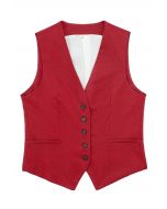 Gilet boutonné en mélange de lin à col en V en rouge