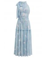 Robe midi à volants et col licou avec nœud papillon brodé Floret en bleu