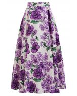 Jupe trapèze plissée en jacquard Purple Blooms