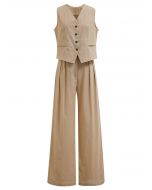 Ensemble gilet et pantalon boutonnés en mélange de lin, beige