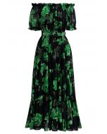 Robe midi imprimée en mousseline à épaules dénudées Lily en vert