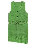 Ensemble gilet boutonné au crochet ajouré et jupe à cordon de serrage en vert