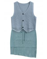 Ensemble gilet boutonné au crochet ajouré et jupe à cordon de serrage en bleu