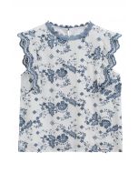 Haut en coton sans manches à volants et broderie florale bleue