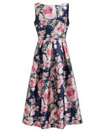 Robe mi-longue sans manches Graceful Blossom en bleu marine