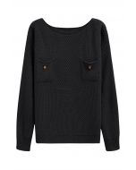 Pull en tricot gaufré boutonné avec poche plaquée en noir