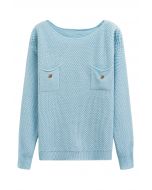 Pull en tricot gaufré boutonné avec poche plaquée en bleu bébé