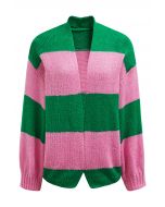 Cardigan en tricot rayé à blocs de couleurs ouvert sur le devant en vert