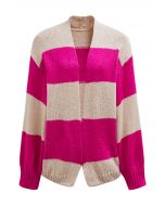 Cardigan en tricot rayé à blocs de couleurs ouvert sur le devant en rose vif