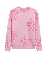 Pull en maille jacquard à motif floral en rose