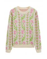 Pull en tricot jacquard à branches florales en crème