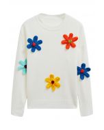 Pull coloré en tricot à fleurs avec points 3D en blanc