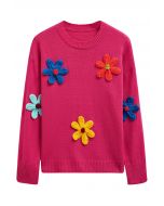 Pull coloré en tricot à fleurs en point 3D en rose vif