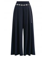 Pantalon Palazzo plissé orné de chaînes bleu marine