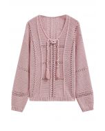 Haut en tricot à col noué ajouré en rose